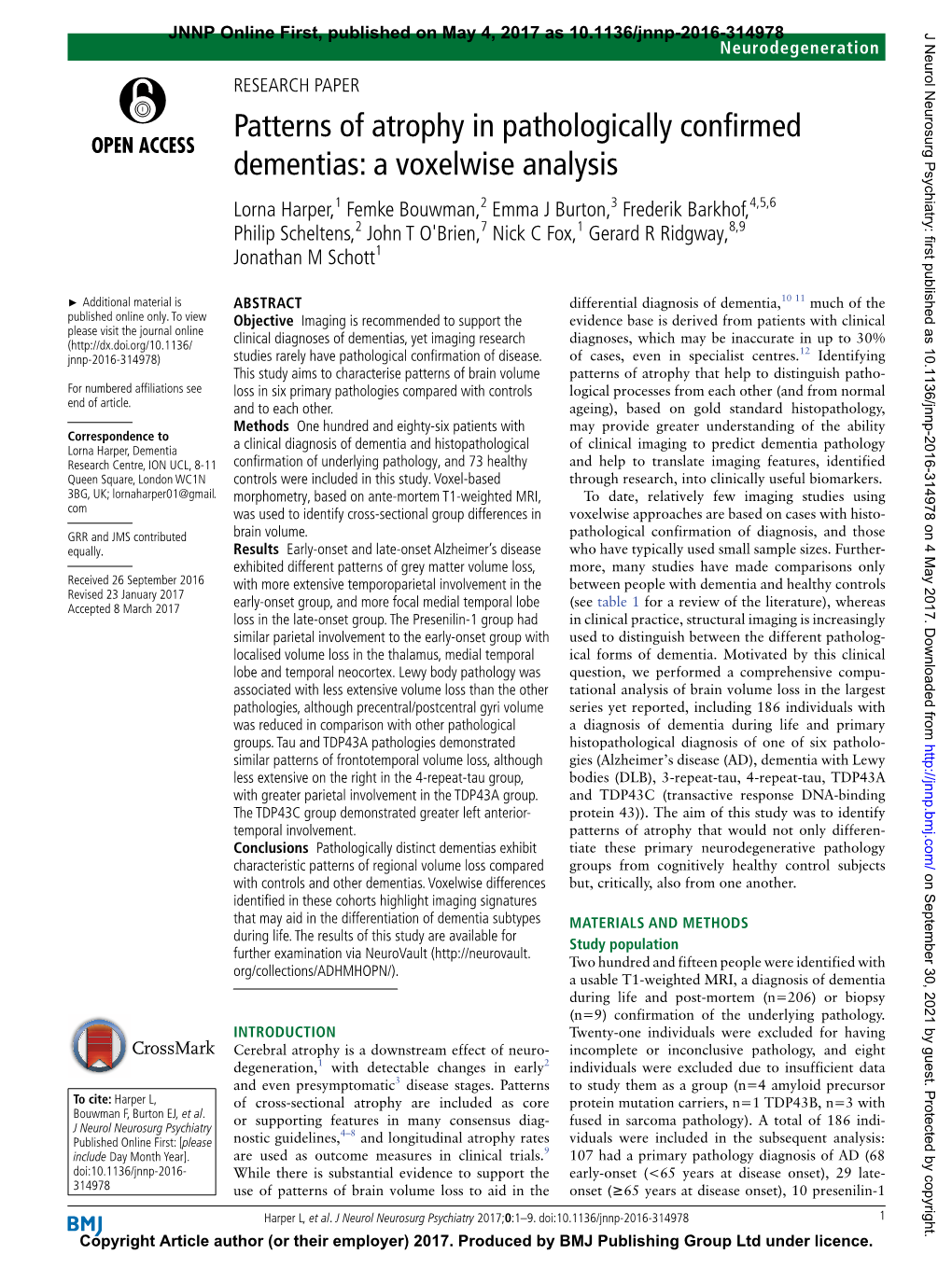 Patterns of Atrophy in Pathologically Confirmed Dementias