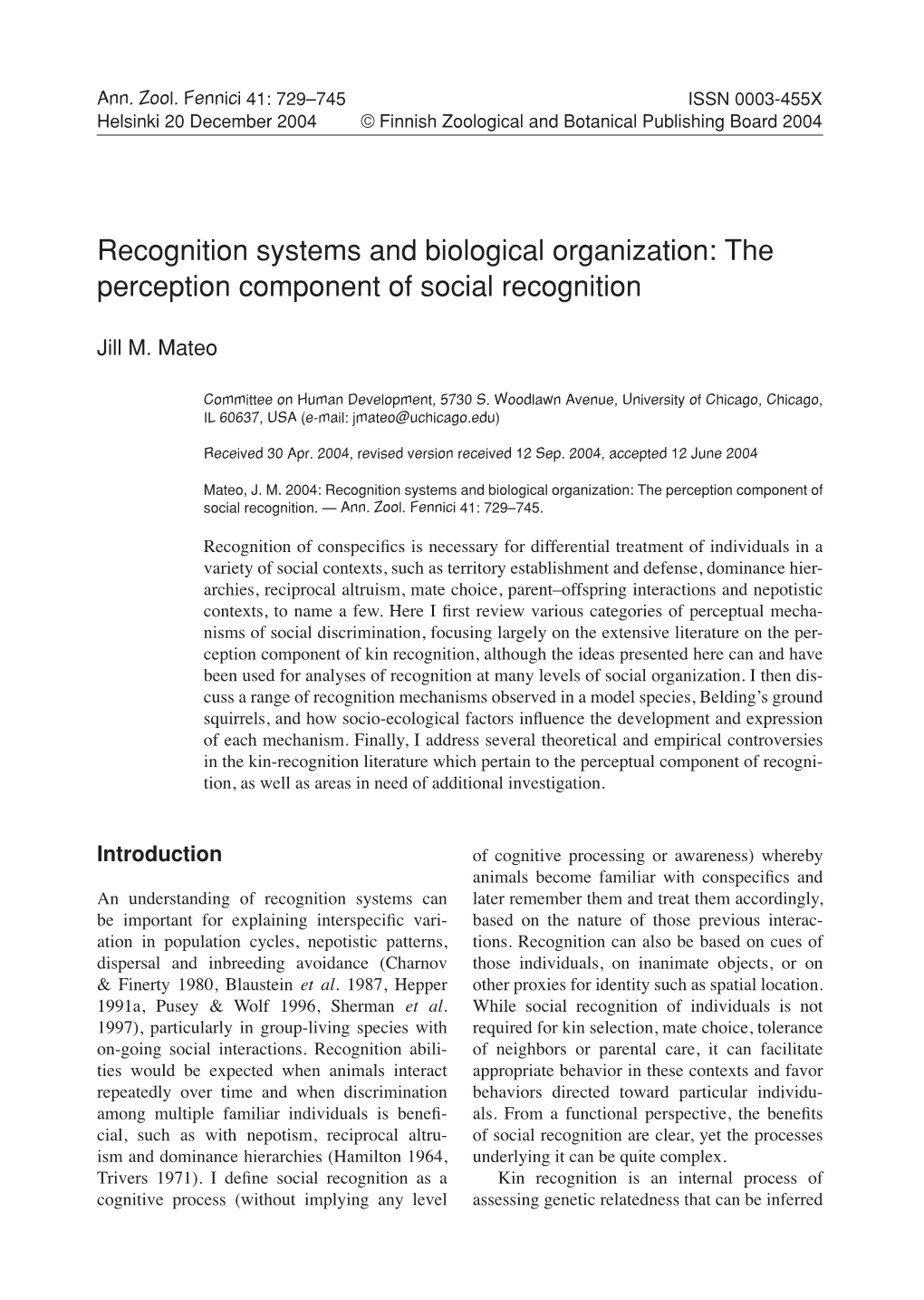 The Perception Component of Social Recognition