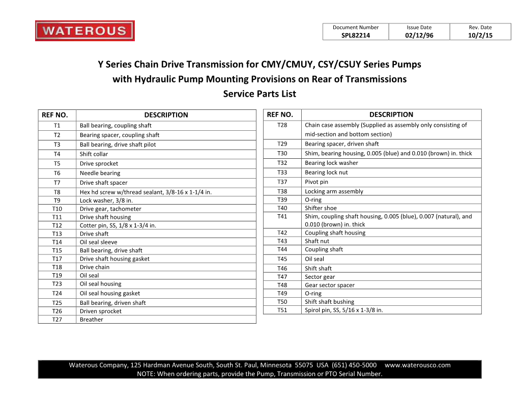 Y Series Chain Drive Transmission for CMY/CMUY, CSY/CSUY Series Pumps with Hydraulic Pump Mounting Provisions on Rear of Transmissions Service Parts List