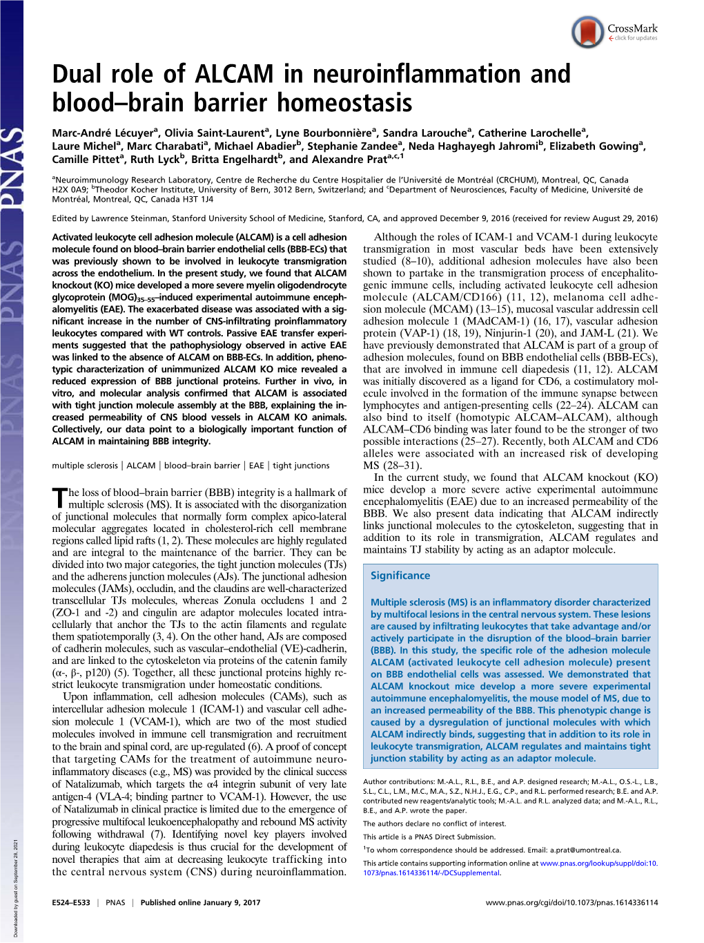 Dual Role of ALCAM in Neuroinflammation and Blood–Brain Barrier Homeostasis