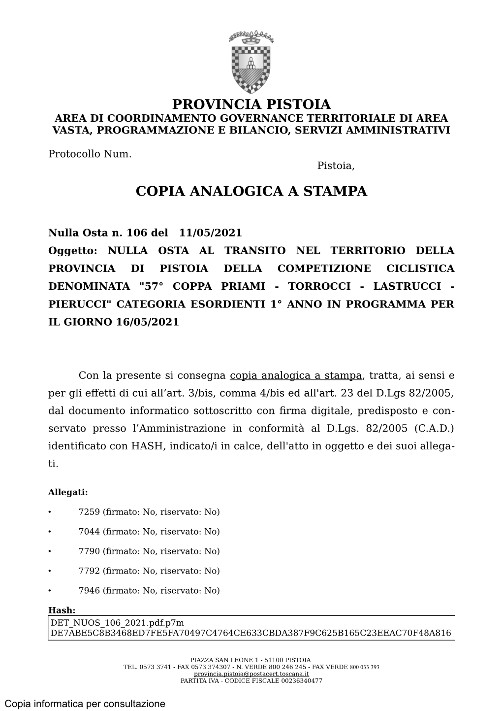 Provincia Pistoia Copia Analogica a Stampa