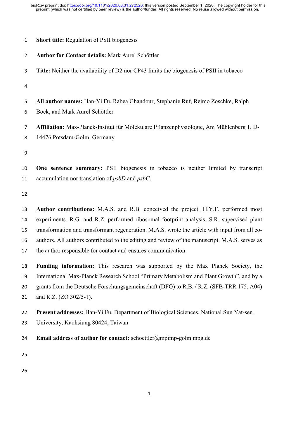 Neither the Availability of D2 Nor CP43 Limits the Biogenesis of PSII in Tobacco