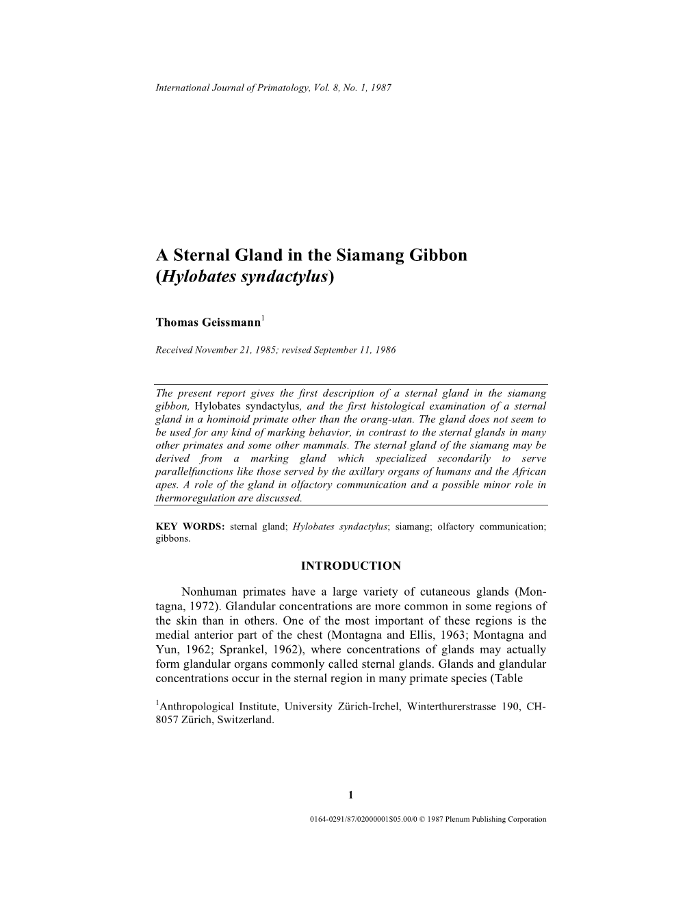 A Sternal Gland in the Siamang Gibbon (Hylobates Syndactylus)