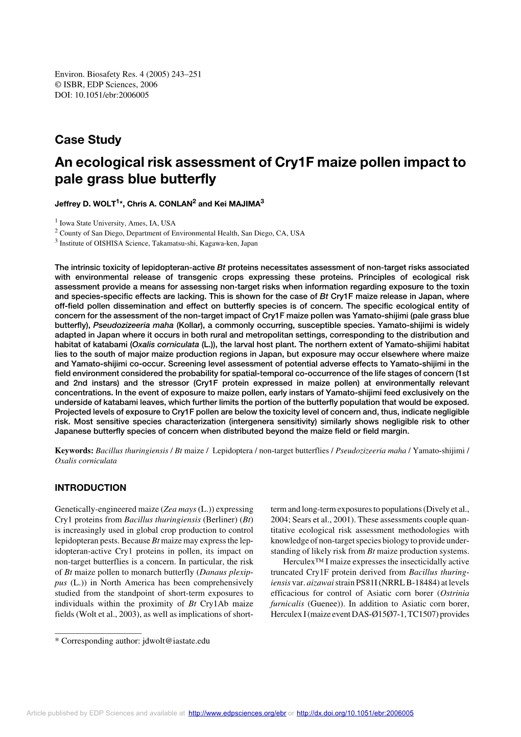 An Ecological Risk Assessment of Cry1f Maize Pollen Impact to Pale Grass Blue Butterfly