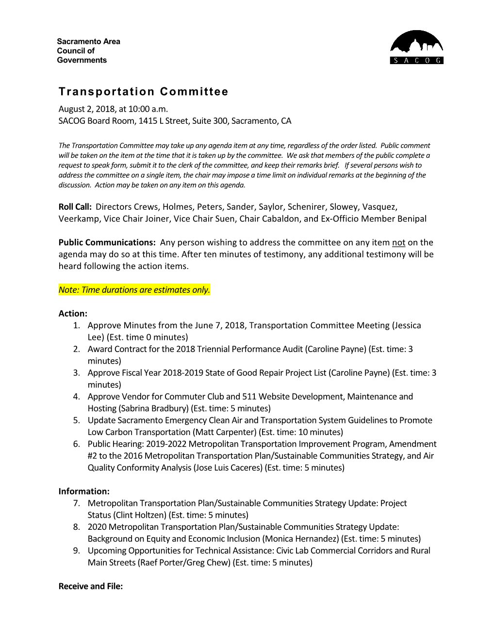 Transportation Committee August 2, 2018, at 10:00 A.M