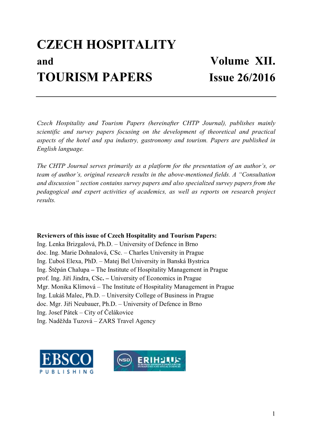 Czech Hospitality Tourism Papers