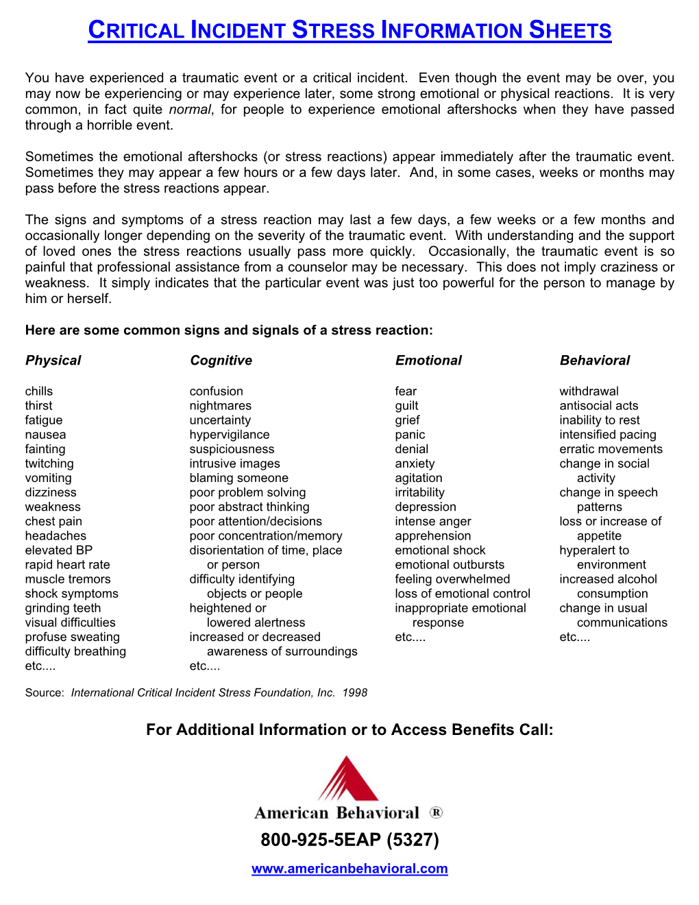 Critical Incident Stress Information Sheets