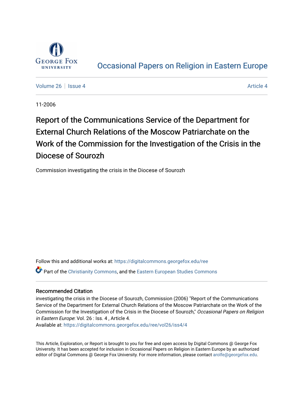 Report of the Communications Service of the Department for External