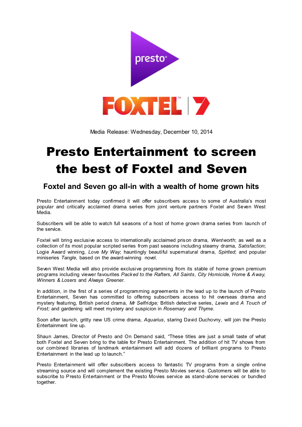 Presto Entertaiment to Screen the Best of Foxtel A