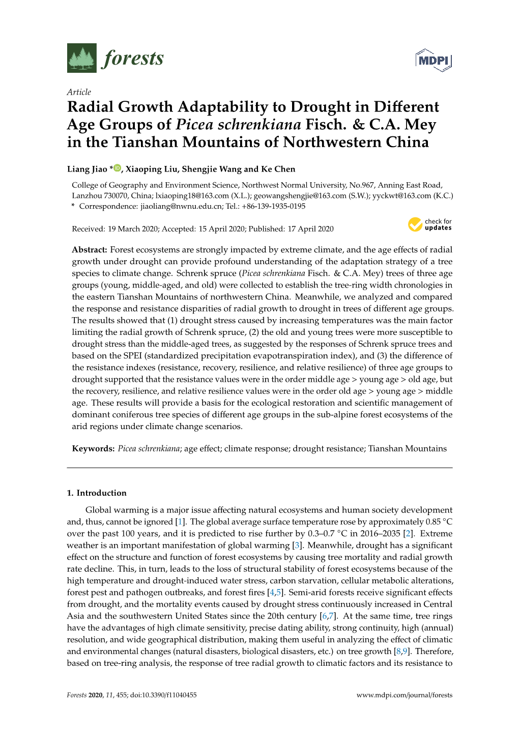 Radial Growth Adaptability to Drought in Different Age Groups of Picea