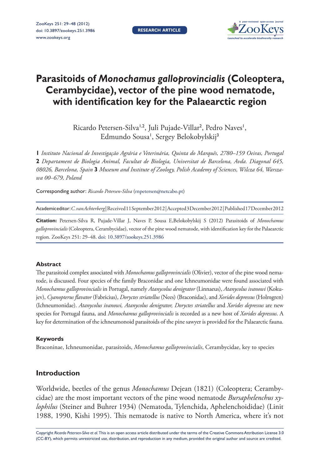 Parasitoids of Monochamus Galloprovincialis (Coleoptera, Cerambycidae), Vector of the Pine Wood Nematode, with Identification Key for the Palaearctic Region