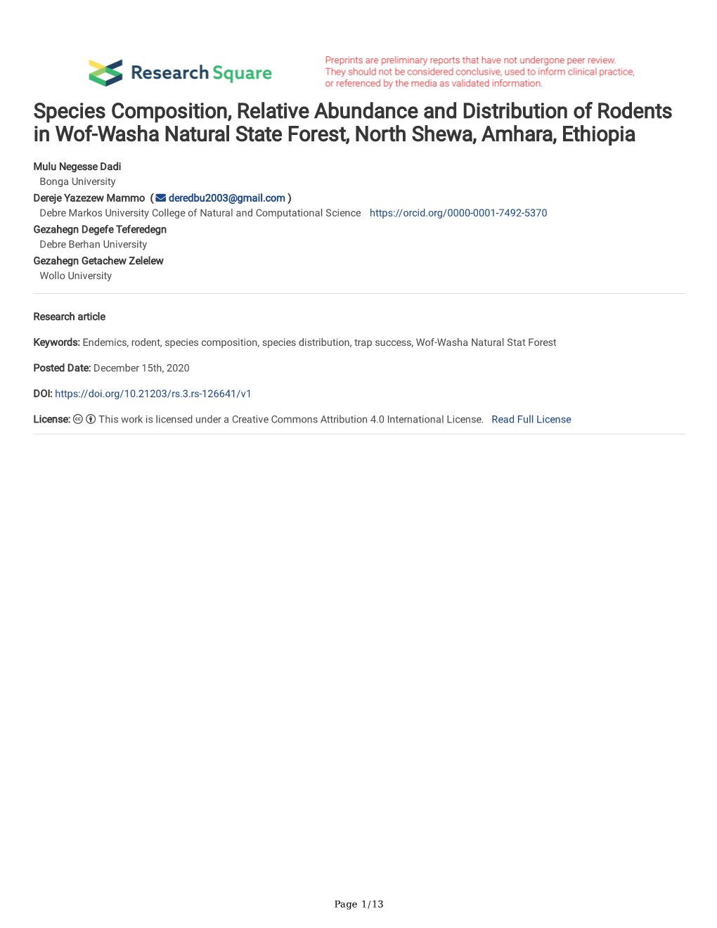 Species Composition, Relative Abundance and Distribution of Rodents in Wof-Washa Natural State Forest, North Shewa, Amhara, Ethiopia