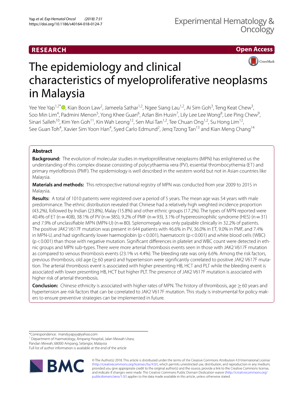 The Epidemiology and Clinical Characteristics of Myeloproliferative Neoplasms in Malaysia