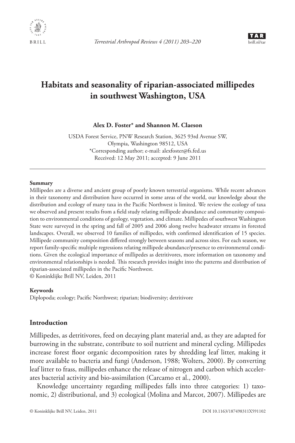 Habitats and Seasonality of Riparian-Associated Millipedes in Southwest Washington, USA