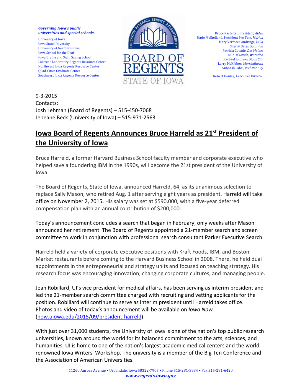 Iowa Board of Regents Announces Bruce Harreld As 21St President of the University of Iowa