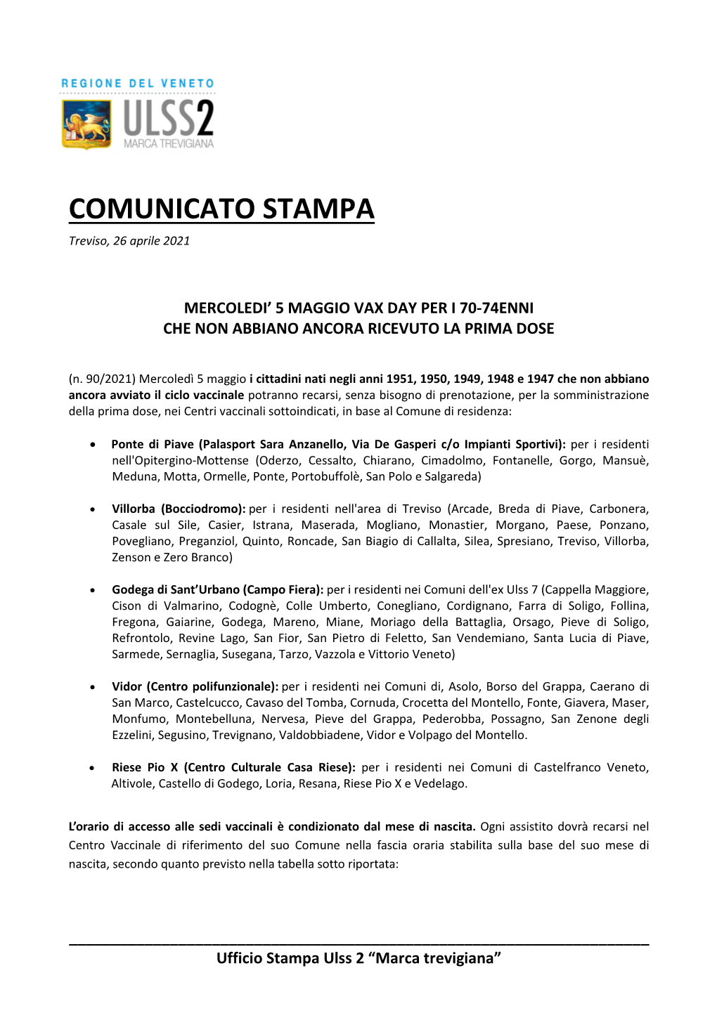 COMUNICATO STAMPA Treviso, 26 Aprile 2021