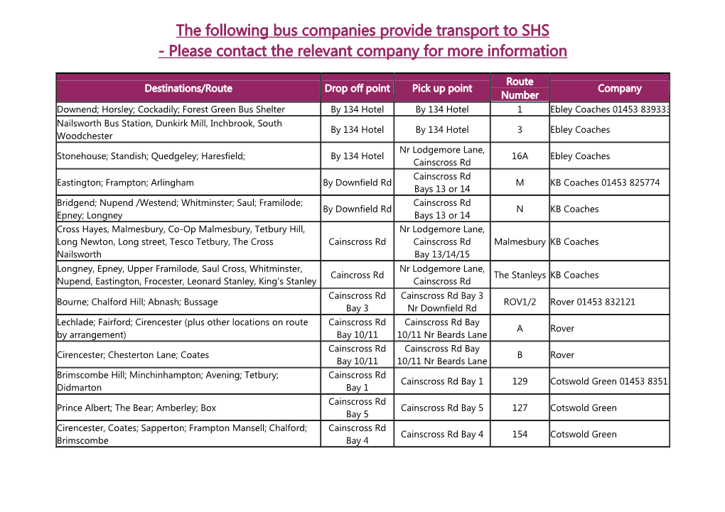The Following Bus Companies Provide Transport to SHS - Please Contact the Relevant Company for More Information