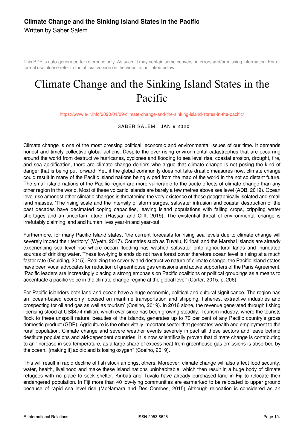 Climate Change and the Sinking Island States in the Pacific Written by Saber Salem