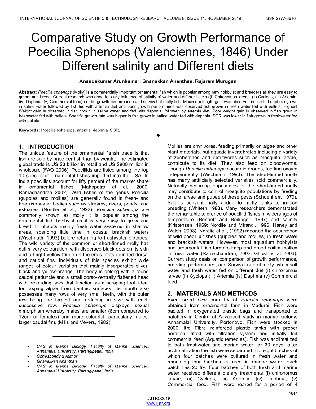 Comparative Study on Growth Performance of Poecilia Sphenops (Valenciennes, 1846) Under Different Salinity and Different Diets