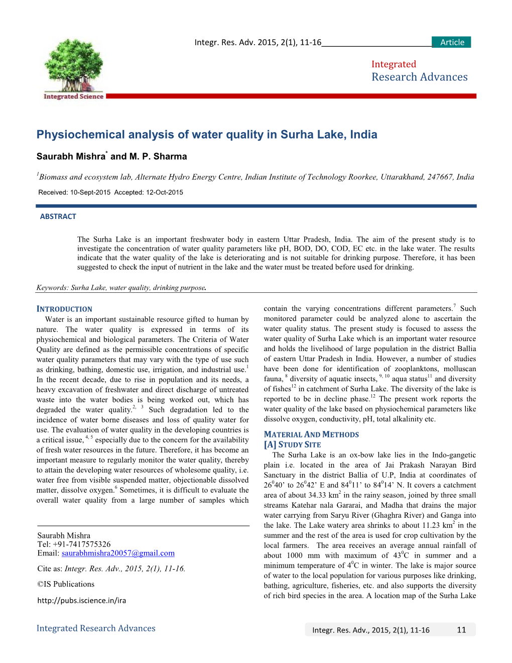 Research Advances Physiochemical Analysis of Water Quality in Surha