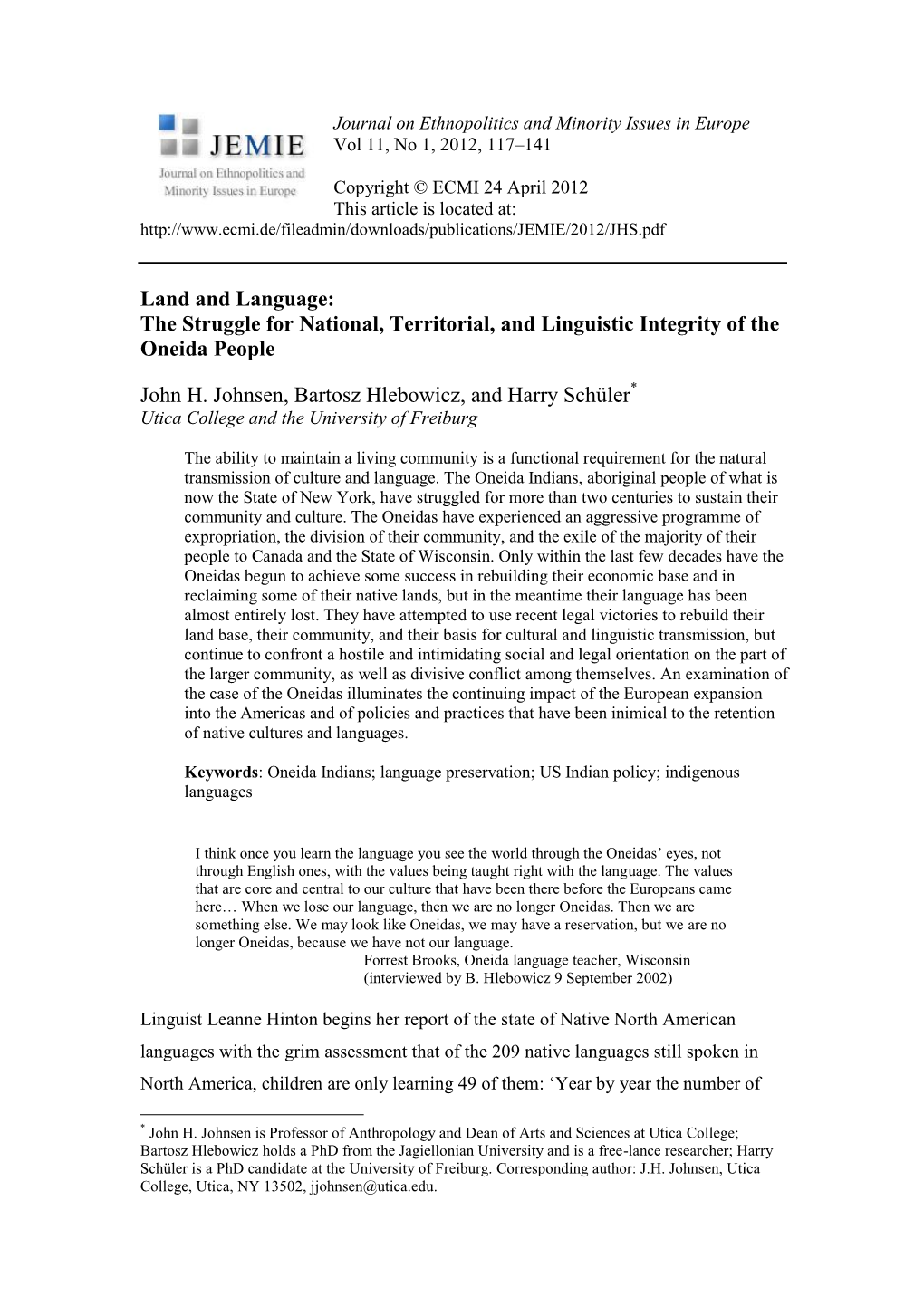 Land and Language: the Struggle for National, Territorial, and Linguistic Integrity of the Oneida People