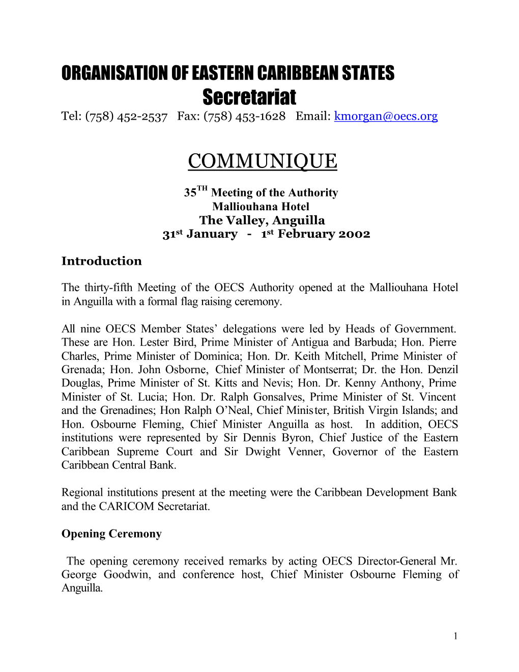 Secretariat COMMUNIQUE