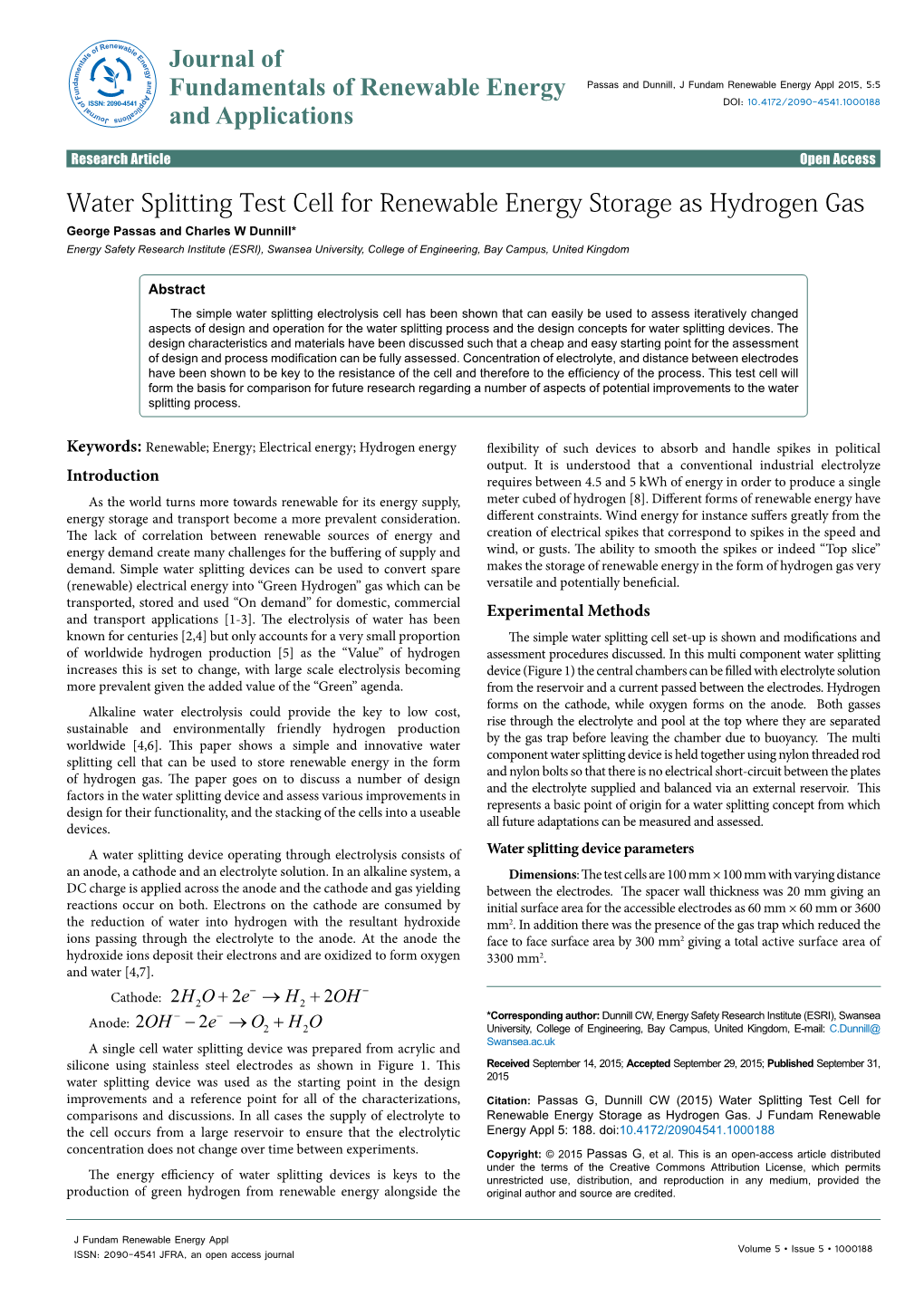 Water Splitting Test Cell for Renewable Energy Storage As