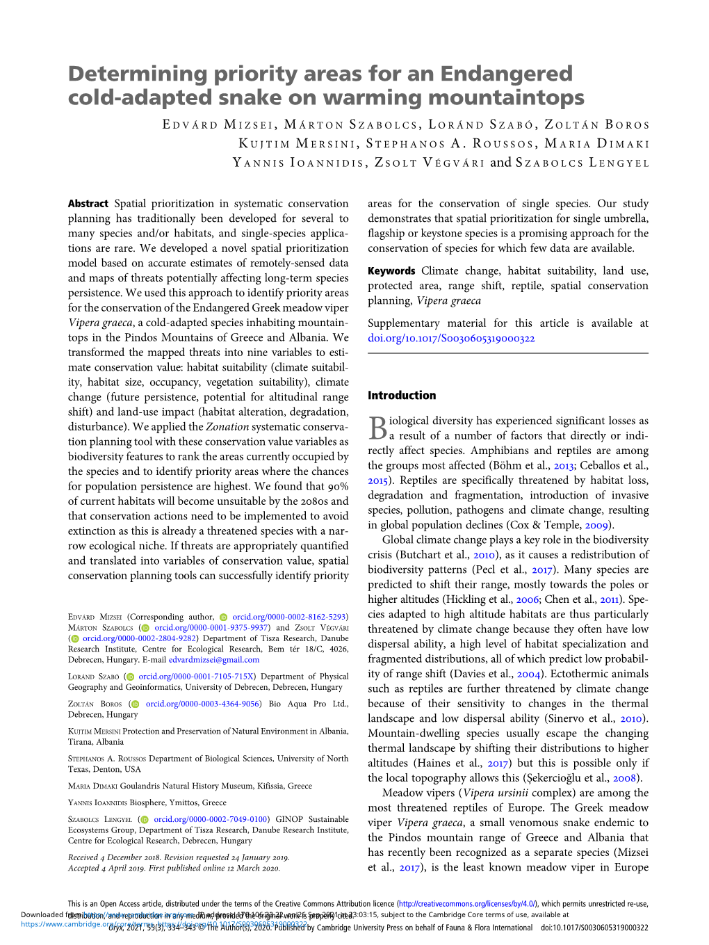 Determining Priority Areas for an Endangered Cold-Adapted Snake on Warming Mountaintops