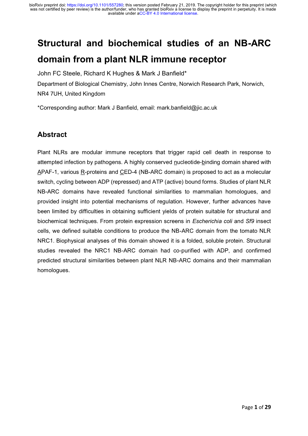 Structural and Biochemical Studies of an NB-ARC Domain from a Plant