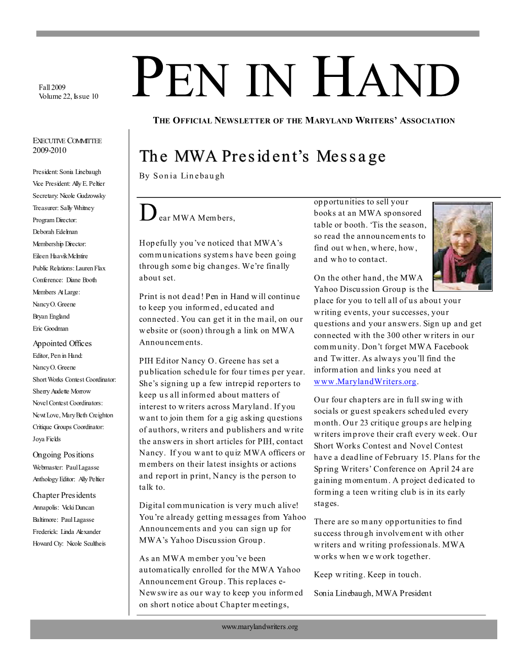 Pen in Hand the Official Newsletter of the Maryland Writers’ Association