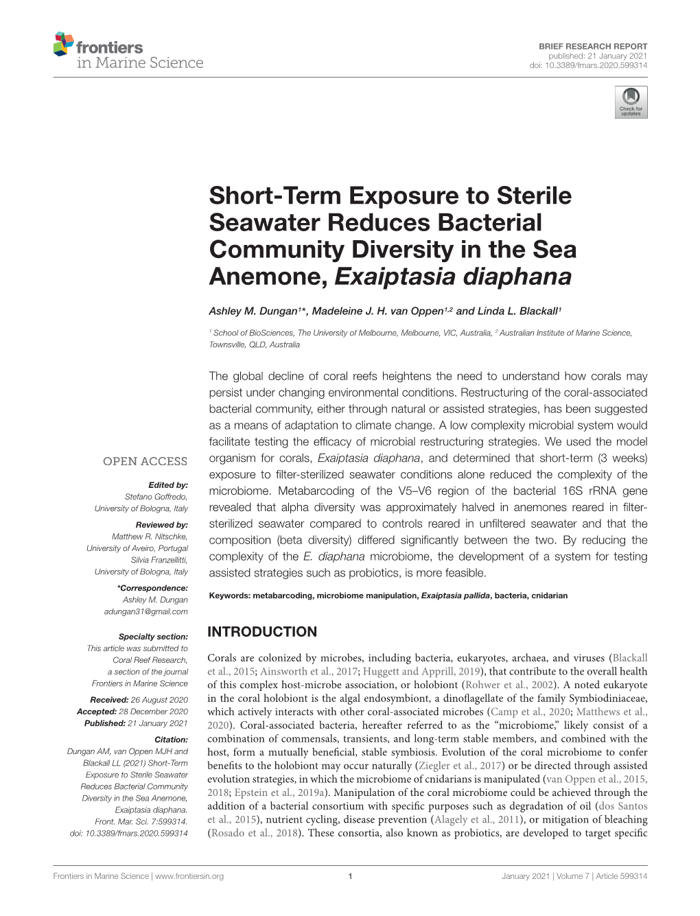 Short-Term Exposure to Sterile Seawater Reduces Bacterial Community Diversity in the Sea Anemone, Exaiptasia Diaphana