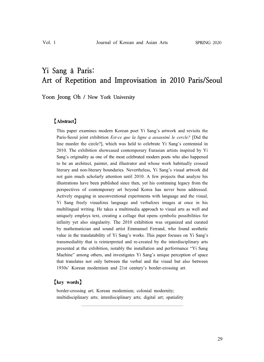 Yi Sang À Paris: Art of Repetition and Improvisation in 2010 Paris/Seoul