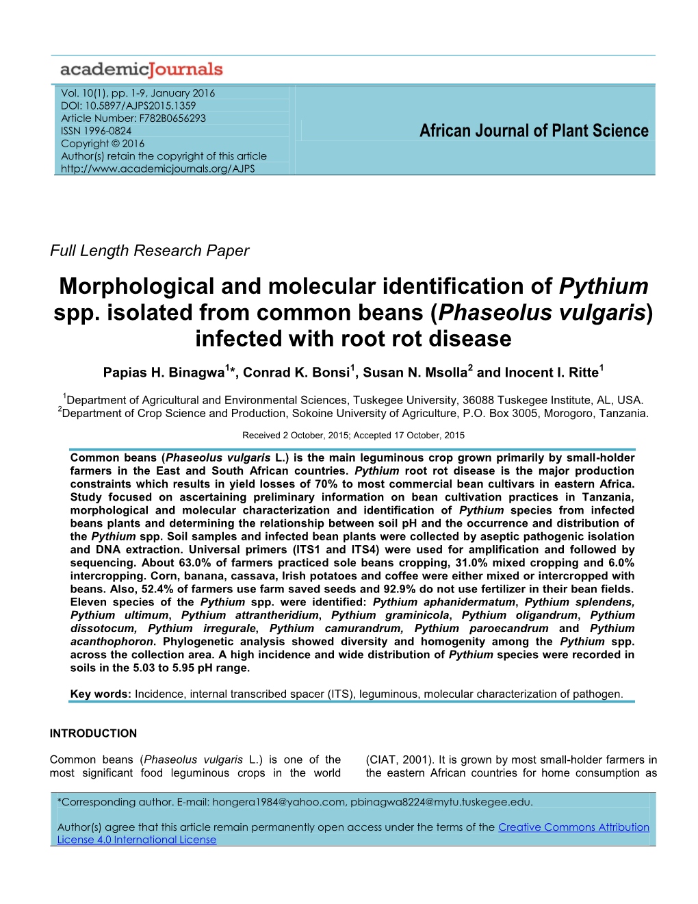 Morphological and Molecular Identification of Pythium Spp
