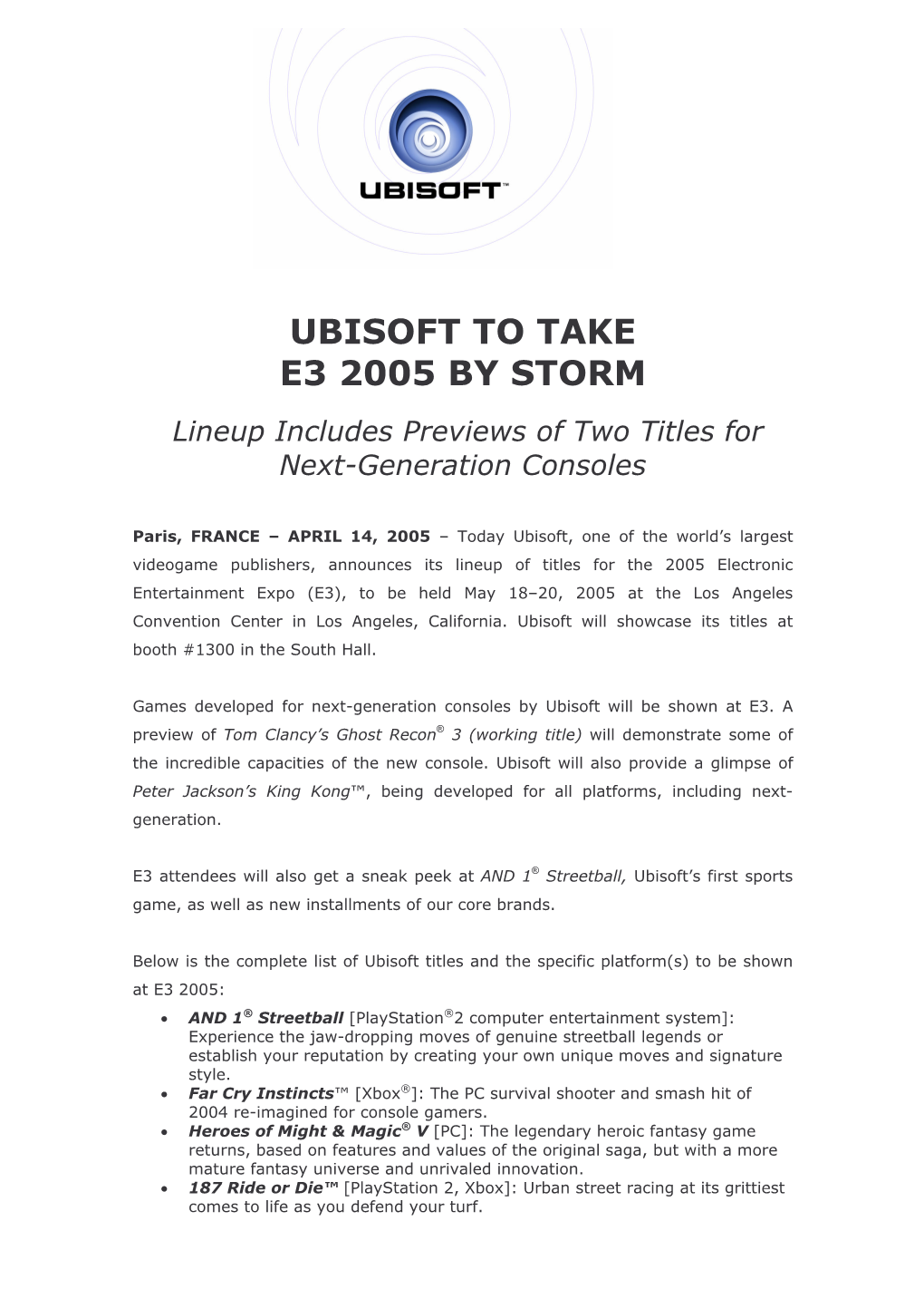 Ubisoft to Take E3 2005 by Storm