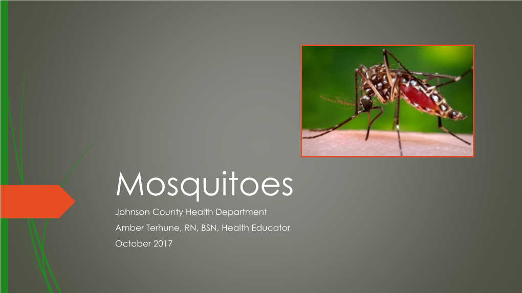 Mosquitoes Johnson County Health Department Amber Terhune, RN, BSN, Health Educator October 2017 About Mosquitoes