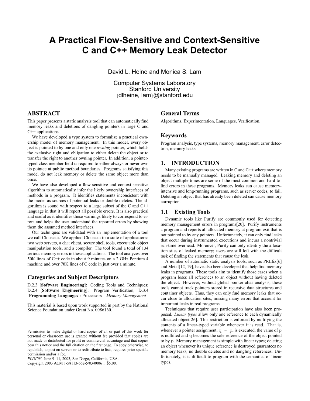 A Practical Flow-Sensitive and Context-Sensitive C and C++ Memory Leak Detector