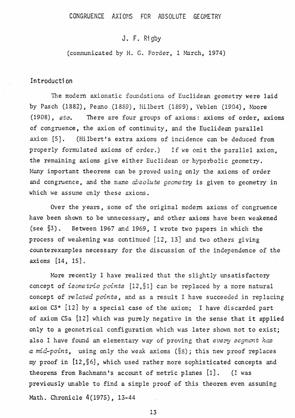 CONGRUENCE AXIOMS FCR ABSOLUTE GEOMETRY J. F. Rigby