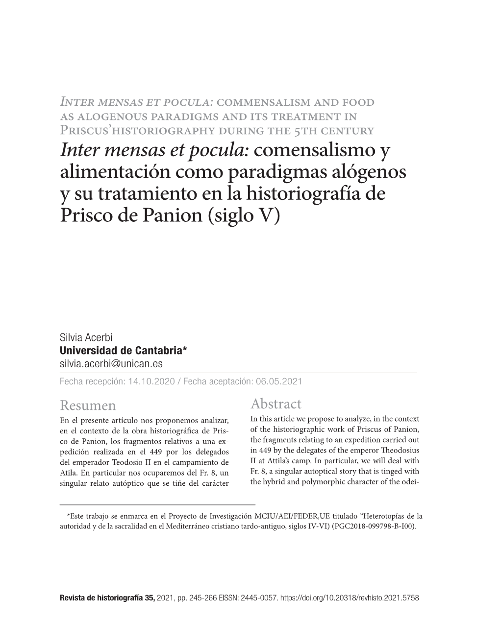 Inter Mensas Et Pocula: Comensalismo Y Alimentación Como Paradigmas Alógenos Y Su Tratamiento En La Historiografía De Prisco De Panion (Siglo V)