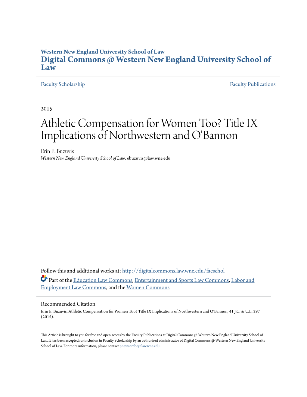 Title IX Implications of Northwestern and O'bannon Erin E