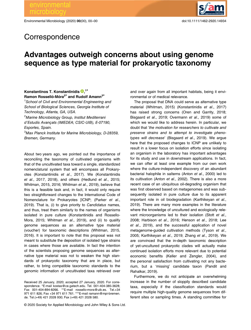 Advantages Outweigh Concerns About Using Genome Sequence As Type Material for Prokaryotic Taxonomy