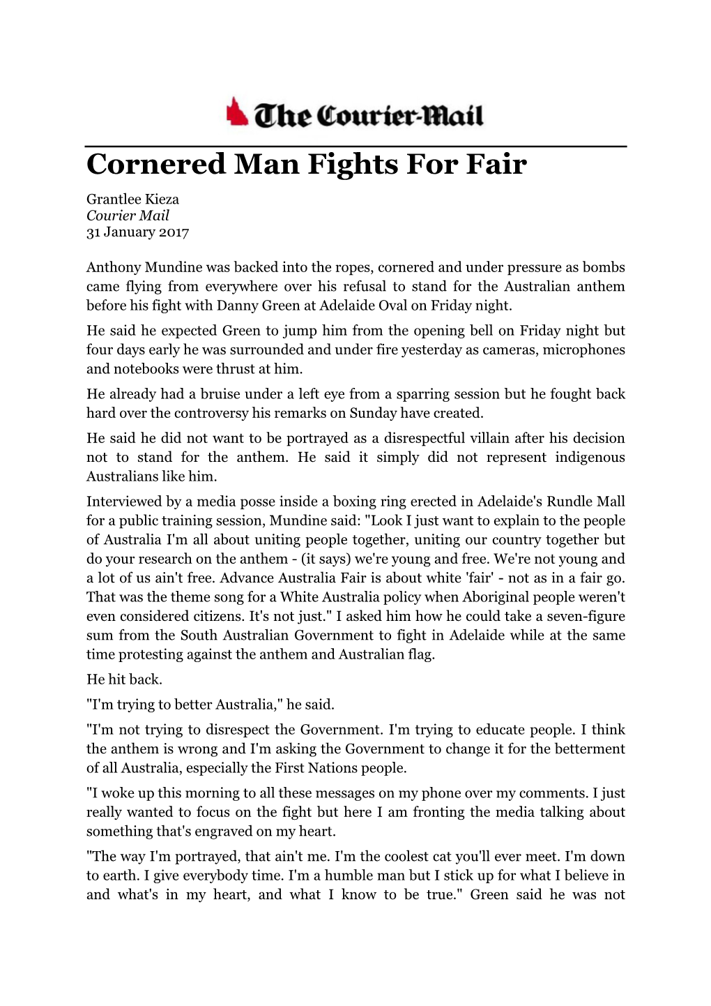 Cornered Man Fights for Fair Grantlee Kieza Courier Mail 31 January 2017