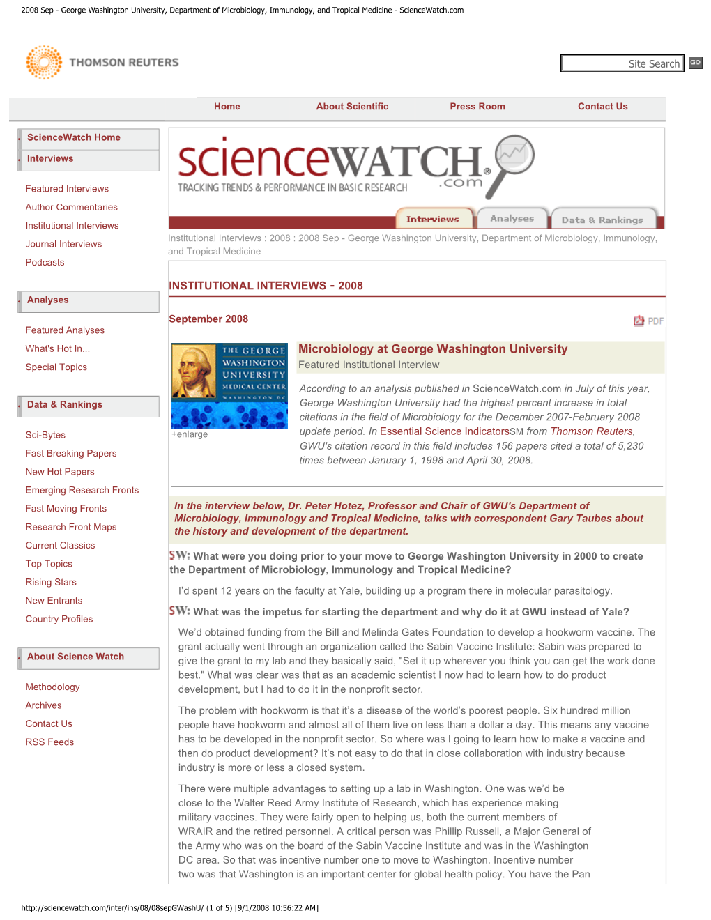 2008 Sep - George Washington University, Department of Microbiology, Immunology, and Tropical Medicine - Sciencewatch.Com