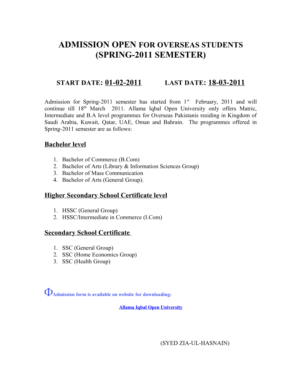 Admission Open for Overseas Students