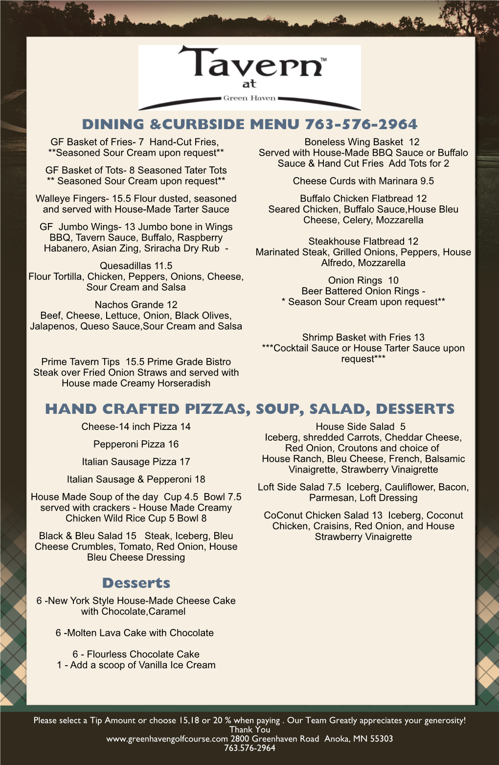 Dining &Curbside Menu 763-576-2964 Hand Crafted