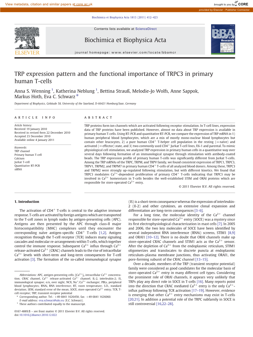 TRP Expression Pattern and the Functional Importance of TRPC3 in Primary Human T-Cells