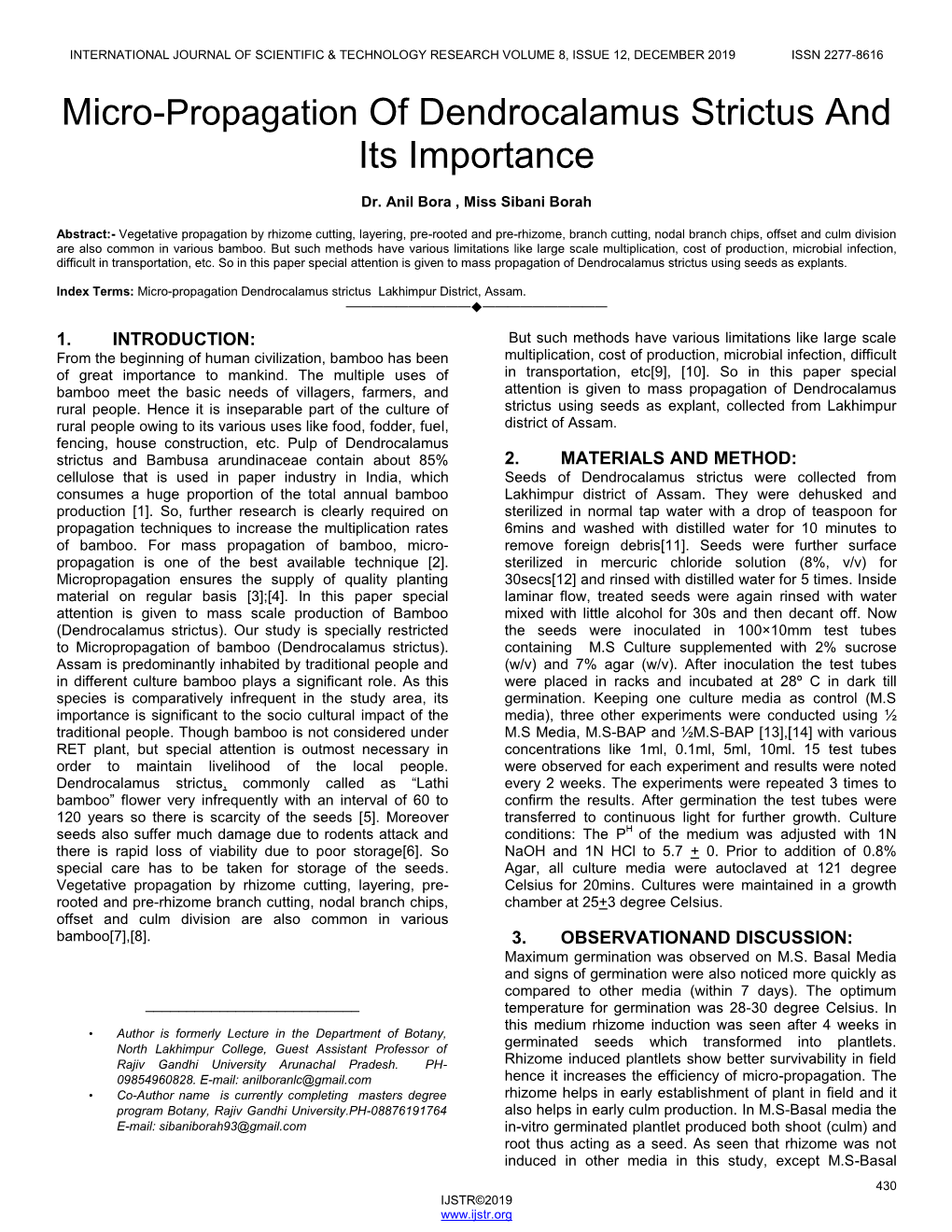 Micro-Propagation of Dendrocalamus Strictus and Its Importance