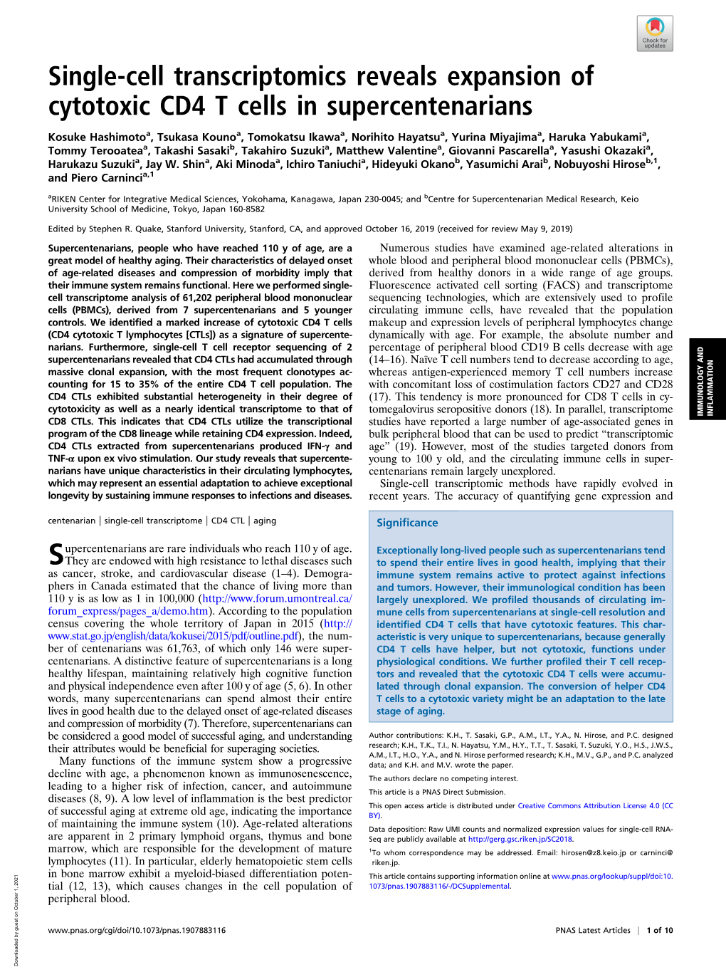 Single-Cell Transcriptomics Reveals Expansion of Cytotoxic CD4 T Cells in Supercentenarians