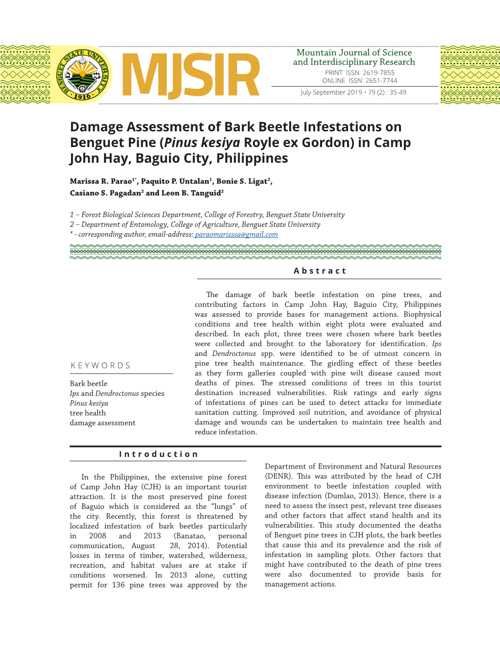 Damage Assessment of Bark Beetle Infestations on Benguet Pine (Pinus Kesiya Royle Ex Gordon) in Camp John Hay, Baguio City, Philippines