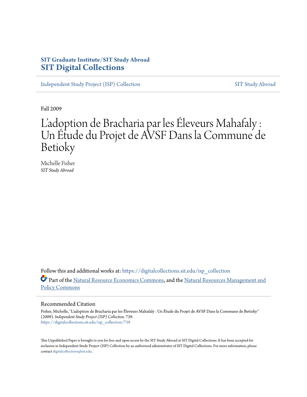 L'adoption De Bracharia Par Les Éleveurs Mahafaly