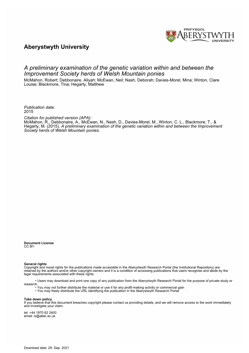 Report Prepared for the WPCS- 2015 a Preliminary Examination of the Genetic Variation Within and Between the Improvement Society Herds of Welsh Mountain Ponies